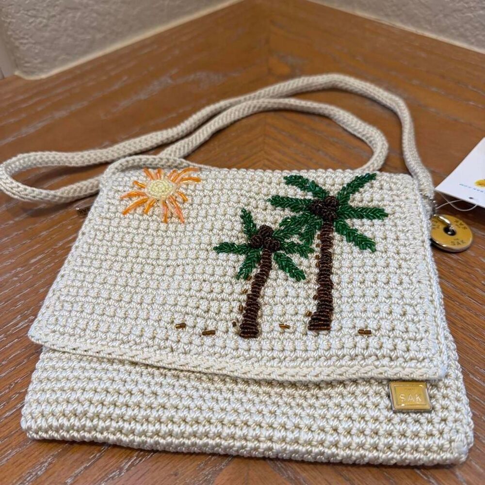 NWT Vintage The Sak Knit Classic Crochet Beaded Palm Tree & Sun Crossbody - Picture 2 of 8